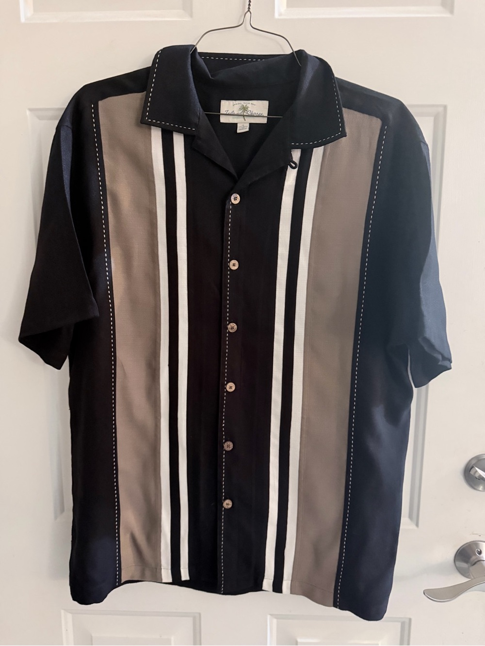 Men's Black and Taupe Vertical Stripe Camp Shirt by Island Shores